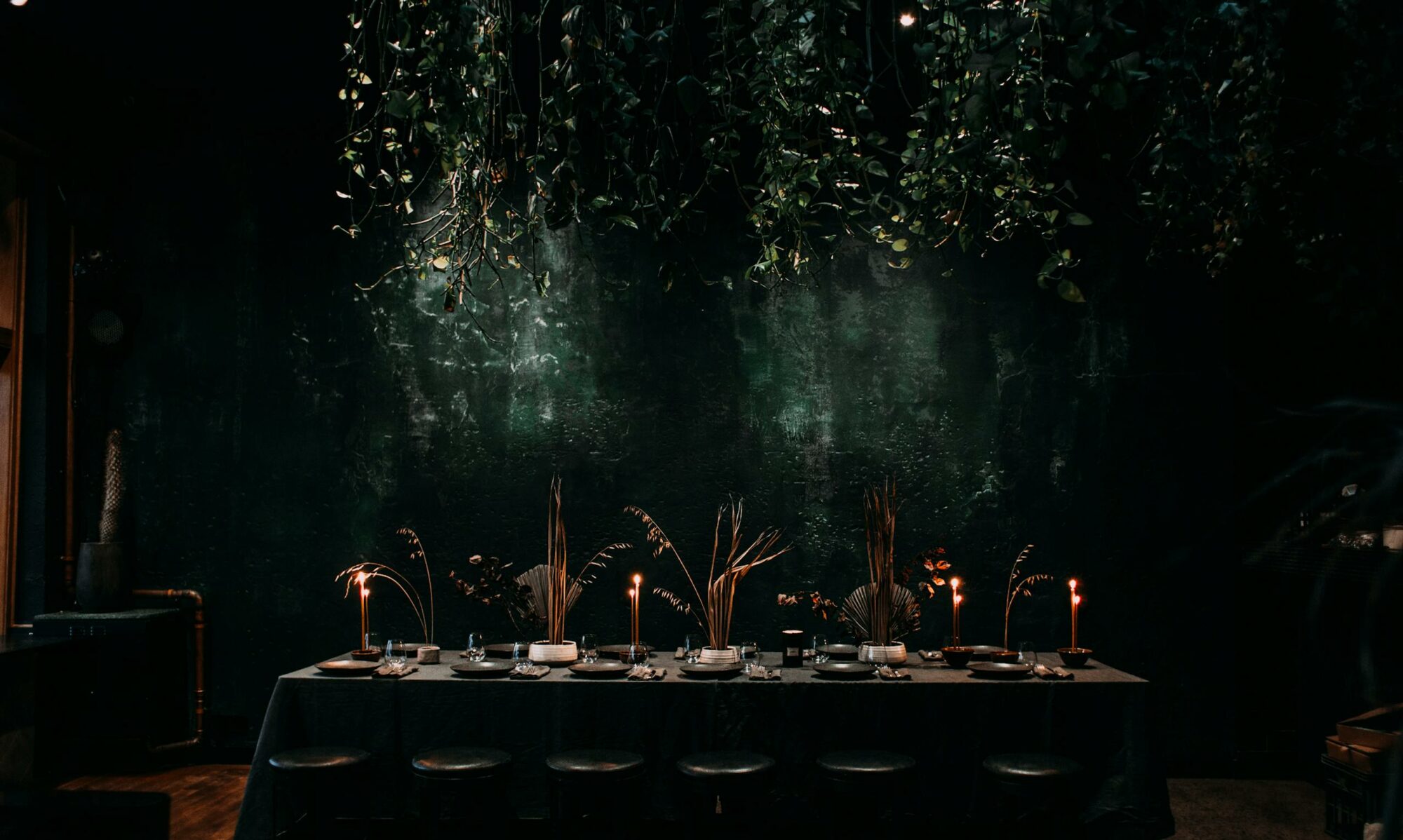 Chic dining setup with candles and hanging plants, exuding a cozy ambiance.